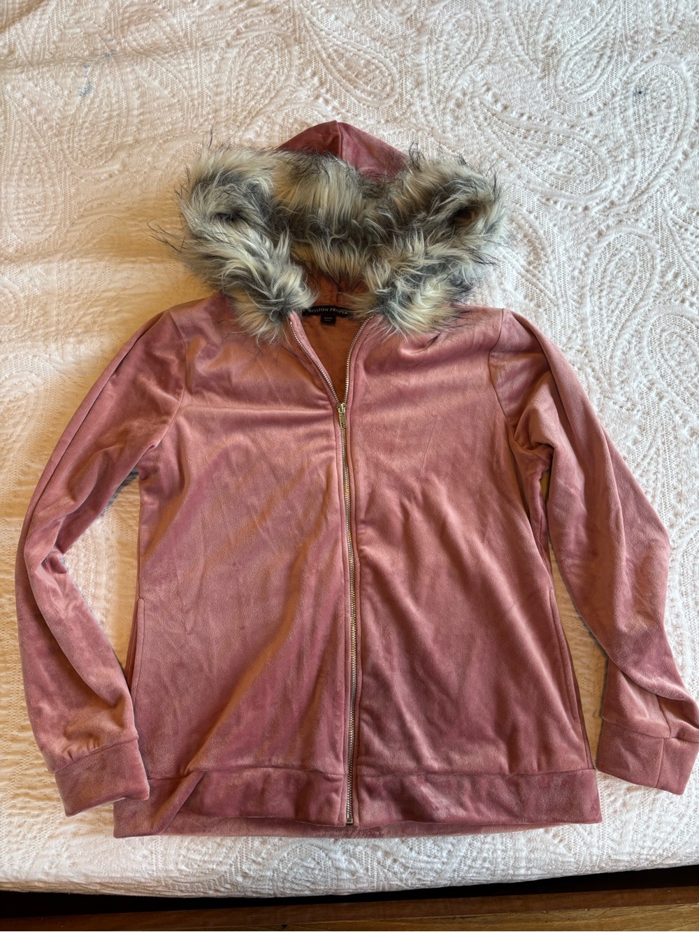 Boston Proper Pink Velour Hoodie with Faux Fur Trim Y2K Size M